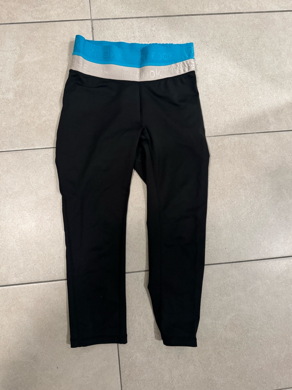 Reebok Black Leggings with Turquoise & Light Gray Waistband